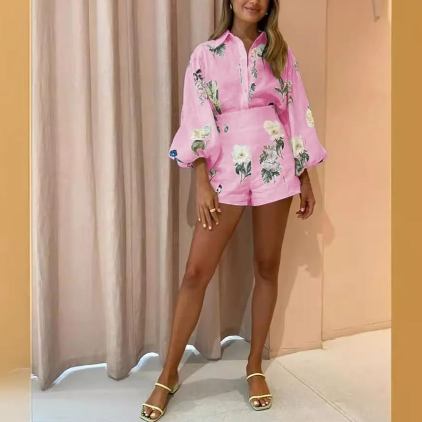 Womens Hawaiian Long Sleeve Button Down Shirt and Shorts Tracksuit Lounge Set