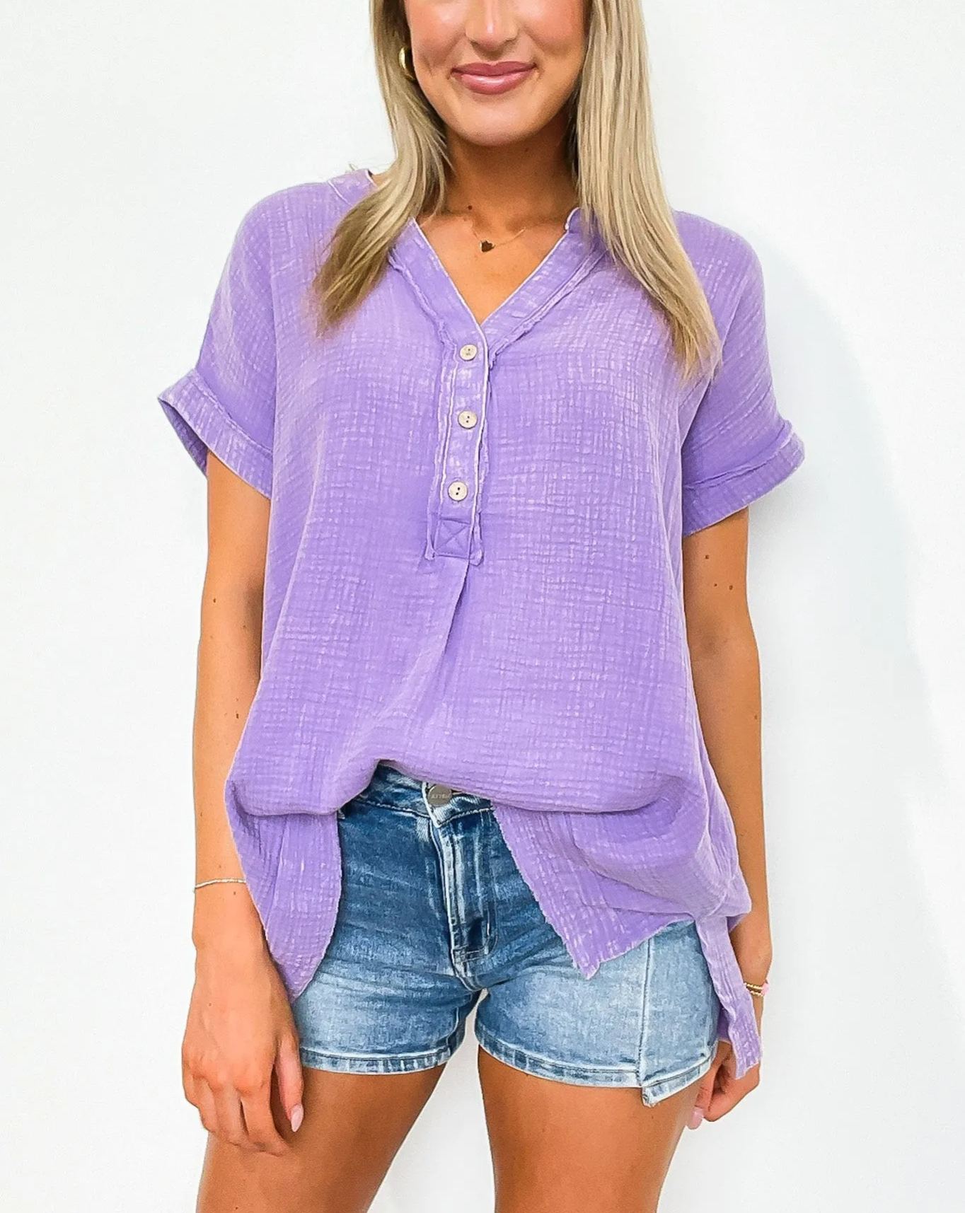 2025 New Women's Washed Double Gauze 3/4 Button Henley Top(BUY 2 FREE SHIPPING)