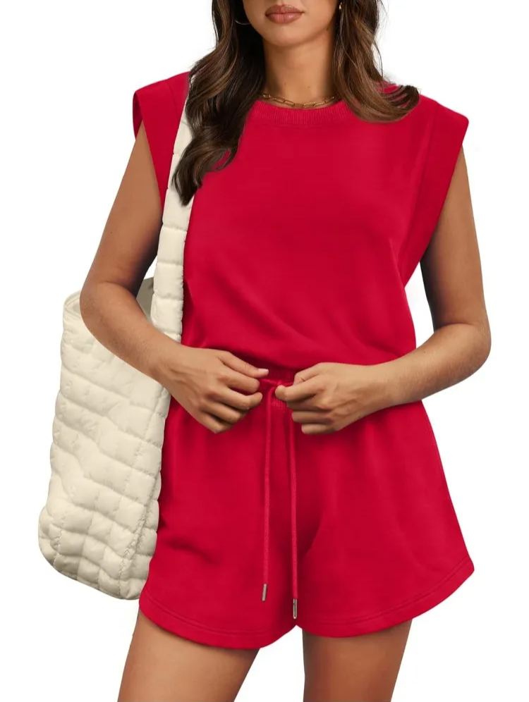 Women's Cap Sleeve Adjustable Drawstring Waistband Rompers with Pockets