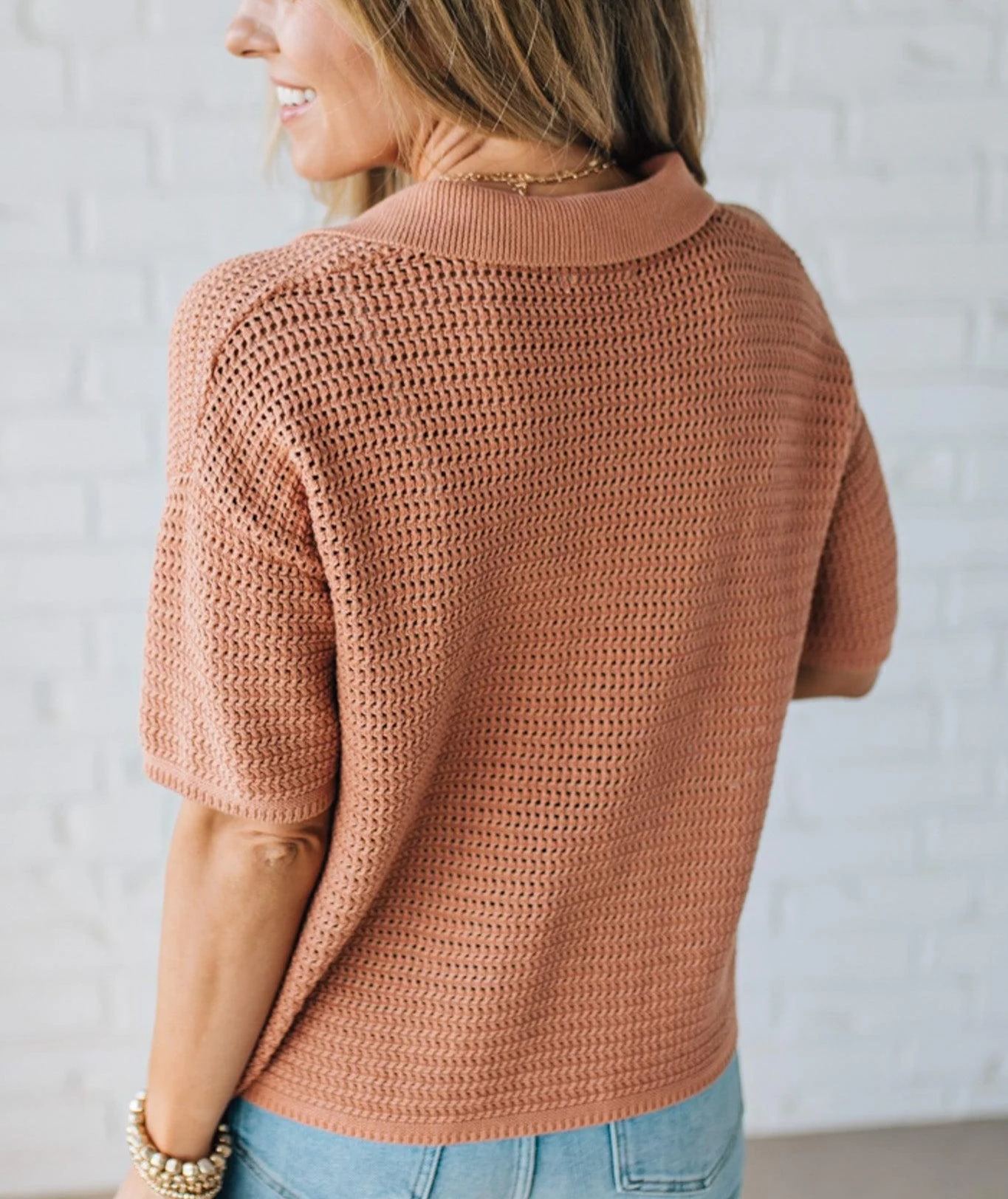 Womens Polo Collared Button Crissy Crochet Top
