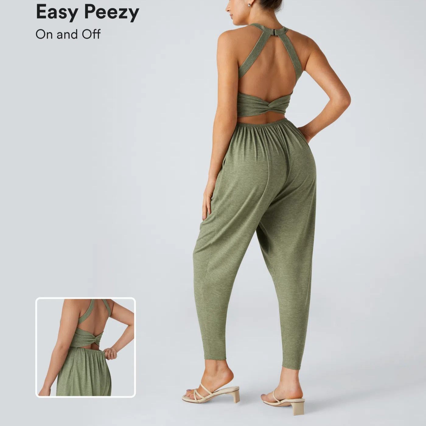 Backless Twisted U Neck Side Pocket Harem Casual Jumpsuit