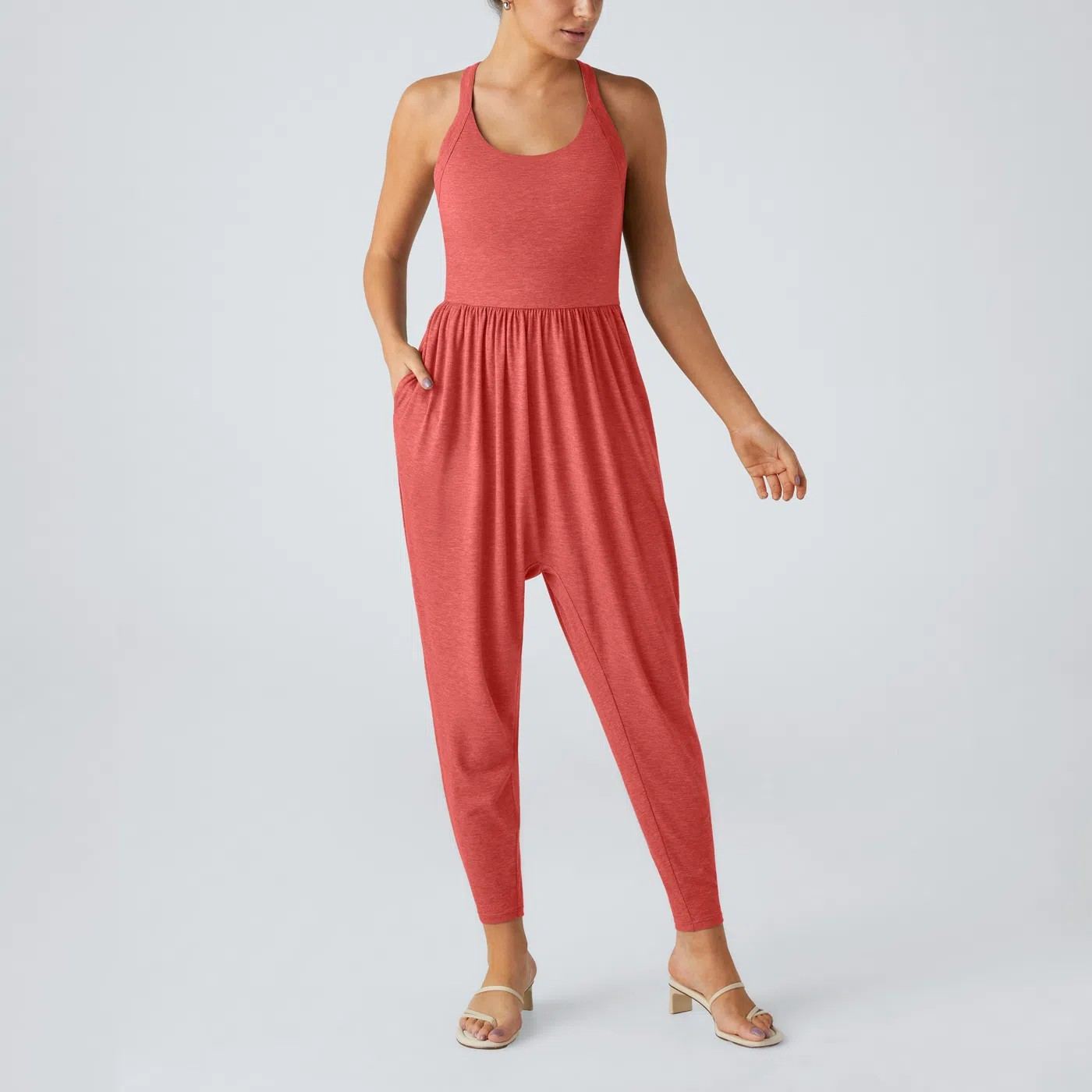 Backless Twisted U Neck Side Pocket Harem Casual Jumpsuit