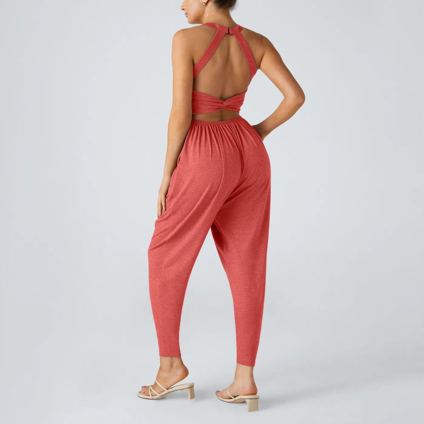 Backless Twisted U Neck Side Pocket Harem Casual Jumpsuit