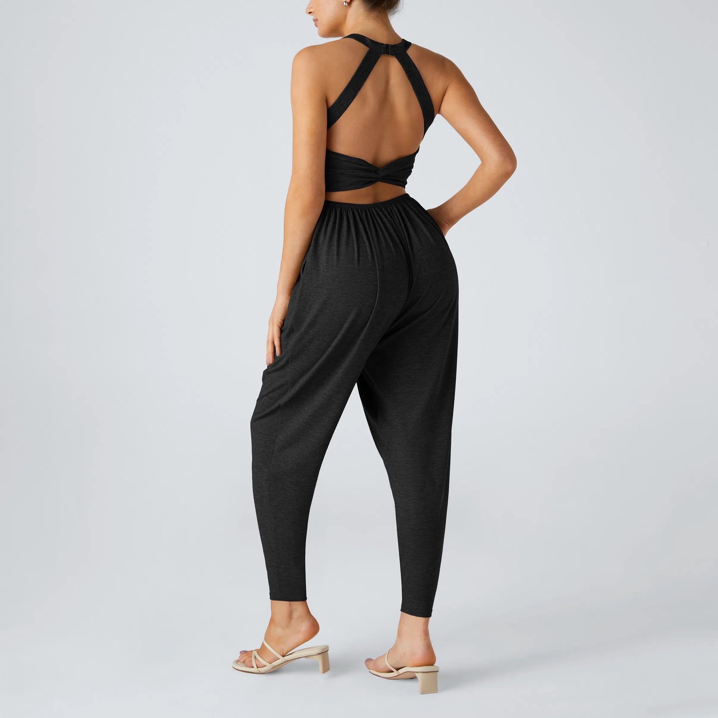 Backless Twisted U Neck Side Pocket Harem Casual Jumpsuit