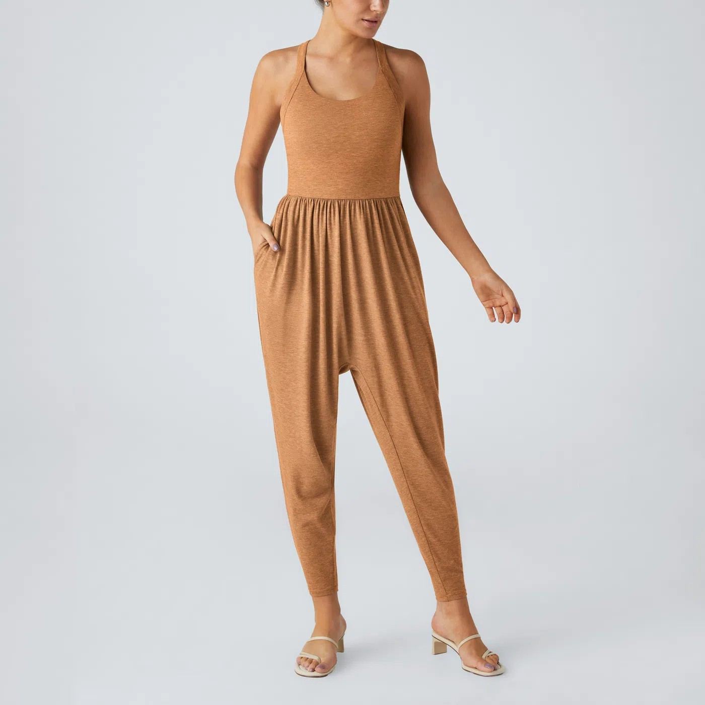 Backless Twisted U Neck Side Pocket Harem Casual Jumpsuit