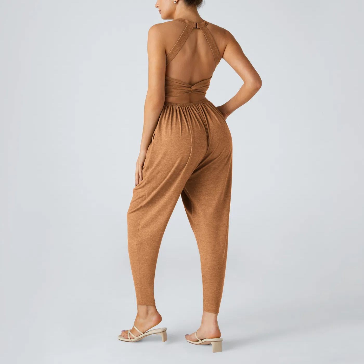 Backless Twisted U Neck Side Pocket Harem Casual Jumpsuit