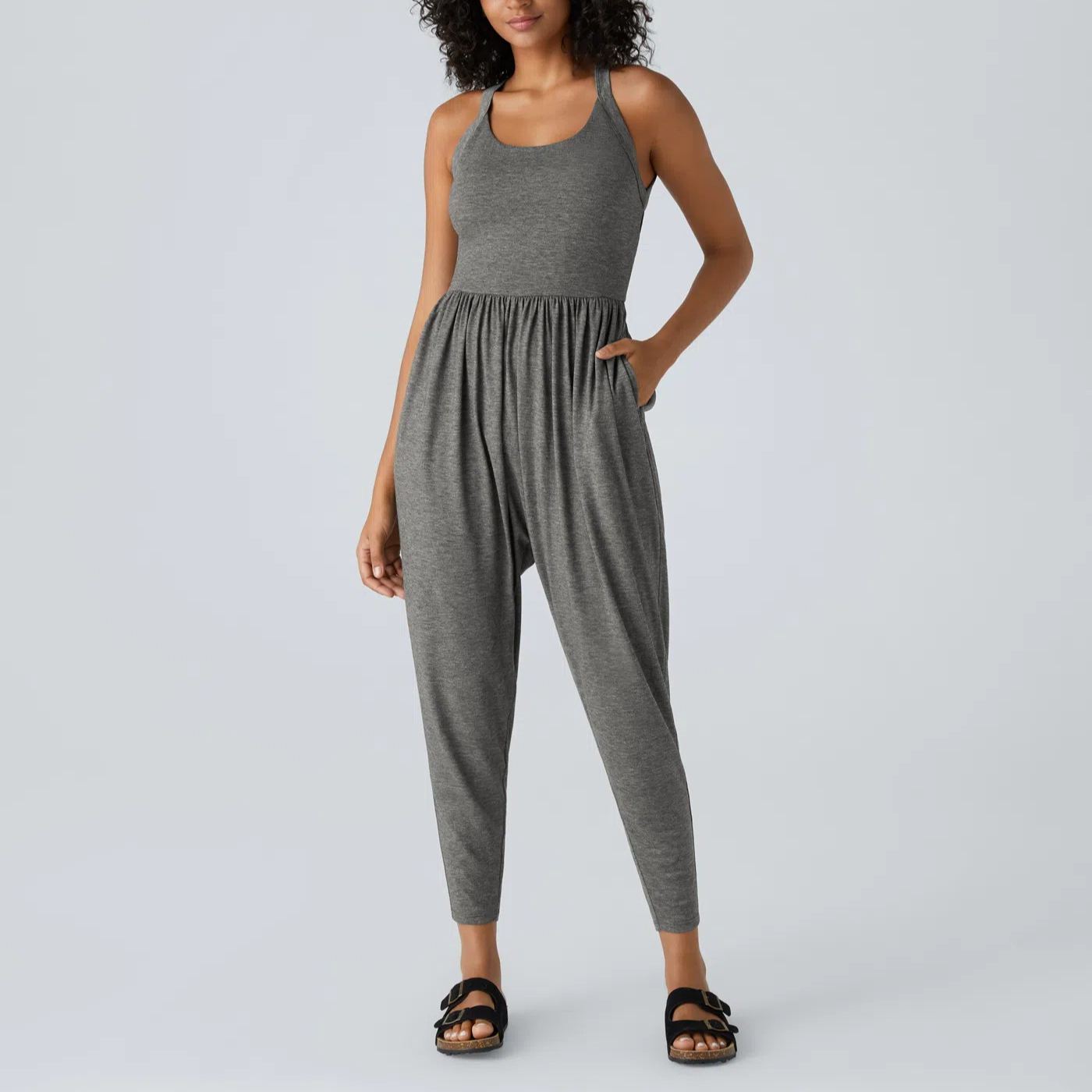 Backless Twisted U Neck Side Pocket Harem Casual Jumpsuit