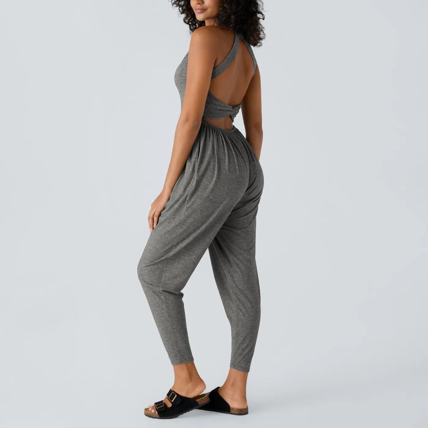 Backless Twisted U Neck Side Pocket Harem Casual Jumpsuit