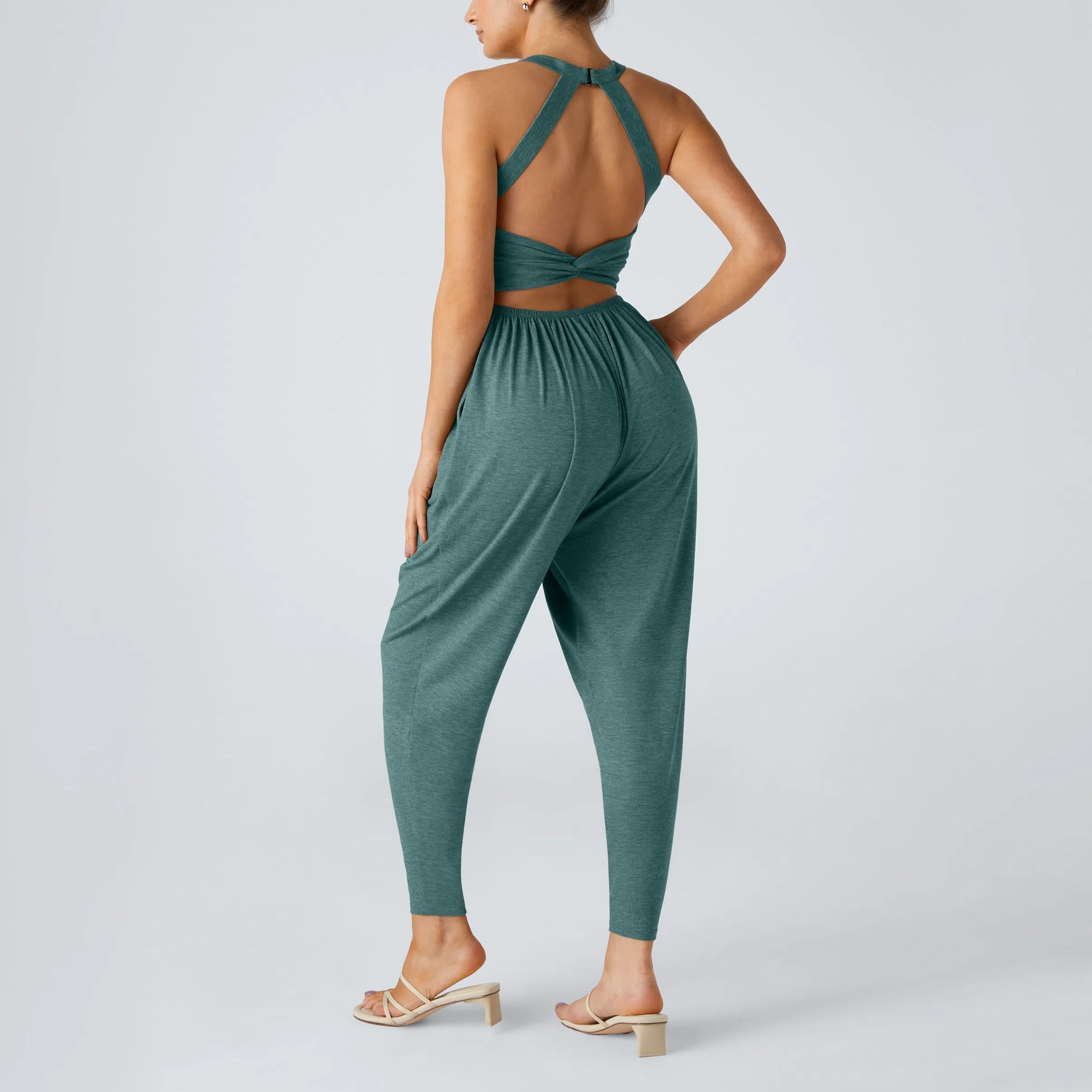 Backless Twisted U Neck Side Pocket Harem Casual Jumpsuit