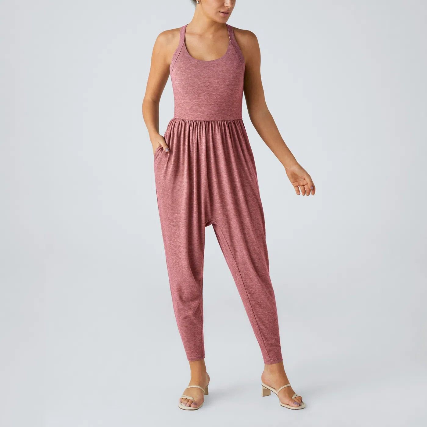 Backless Twisted U Neck Side Pocket Harem Casual Jumpsuit