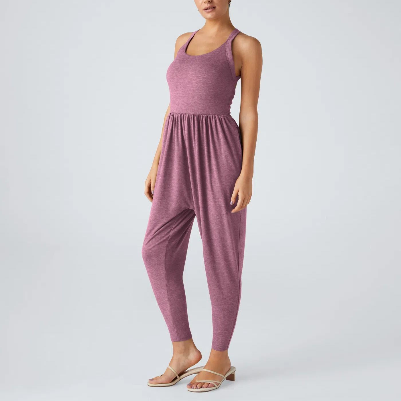 Backless Twisted U Neck Side Pocket Harem Casual Jumpsuit