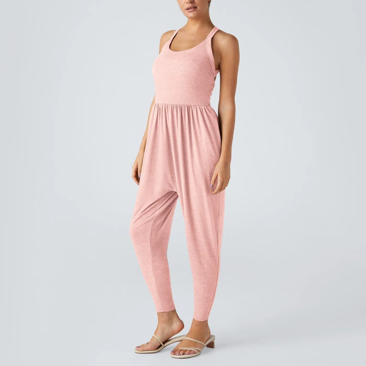 Backless Twisted U Neck Side Pocket Harem Casual Jumpsuit