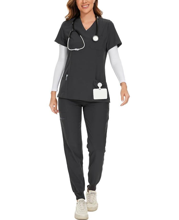 Womens Stretch V-Neck Scrub Top & Jogger Pant Set with 8 Pockets