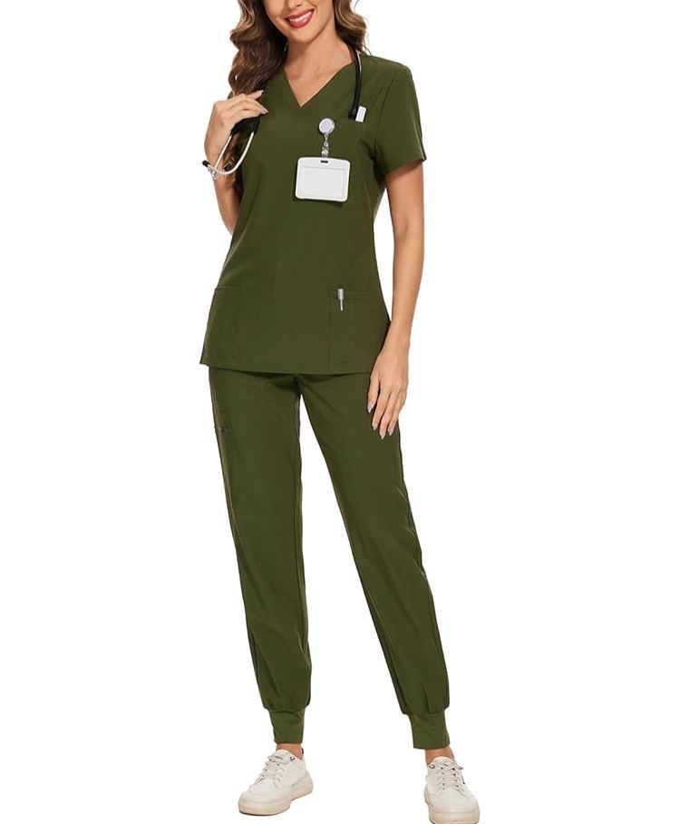 Womens Stretch V-Neck Scrub Top & Jogger Pant Set with 8 Pockets