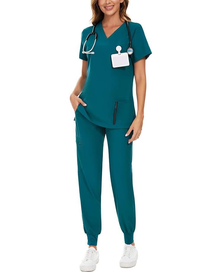 Womens Stretch V-Neck Scrub Top & Jogger Pant Set with 8 Pockets