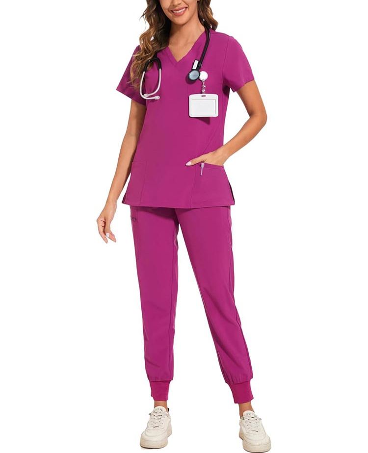 Womens Stretch V-Neck Scrub Top & Jogger Pant Set with 8 Pockets