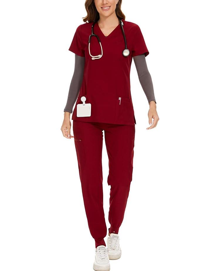 Womens Stretch V-Neck Scrub Top & Jogger Pant Set with 8 Pockets