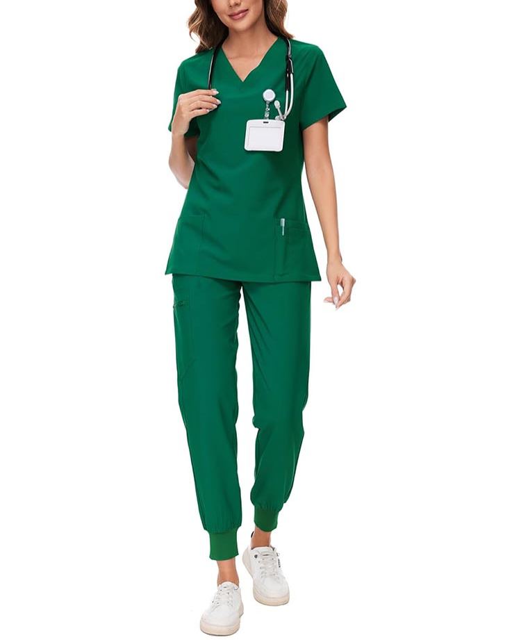 Womens Stretch V-Neck Scrub Top & Jogger Pant Set with 8 Pockets