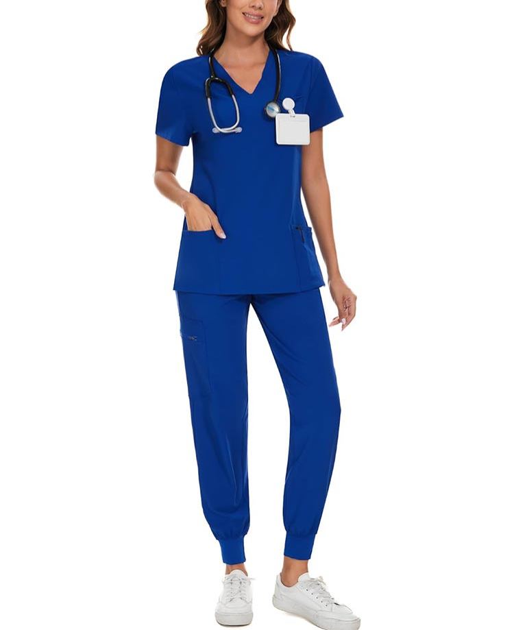 Womens Stretch V-Neck Scrub Top & Jogger Pant Set with 8 Pockets