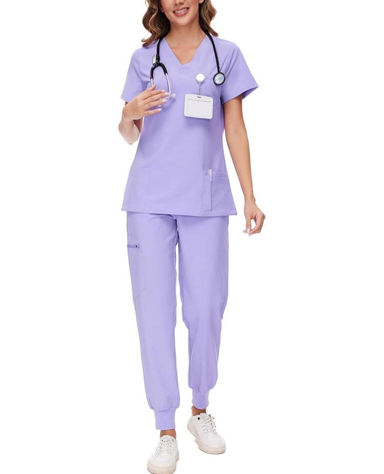 Womens Stretch V-Neck Scrub Top & Jogger Pant Set with 8 Pockets
