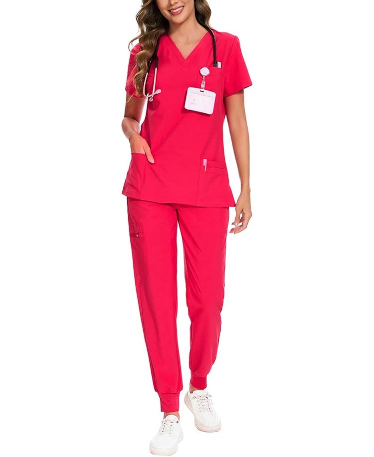 Womens Stretch V-Neck Scrub Top & Jogger Pant Set with 8 Pockets