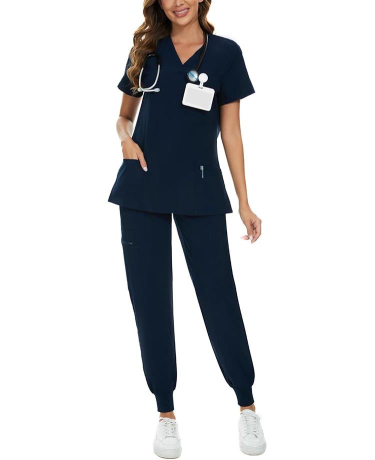Womens Stretch V-Neck Scrub Top & Jogger Pant Set with 8 Pockets