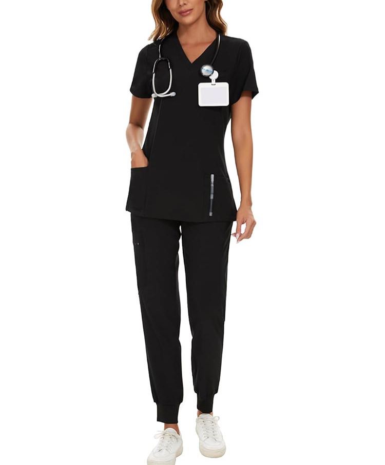 Womens Stretch V-Neck Scrub Top & Jogger Pant Set with 8 Pockets