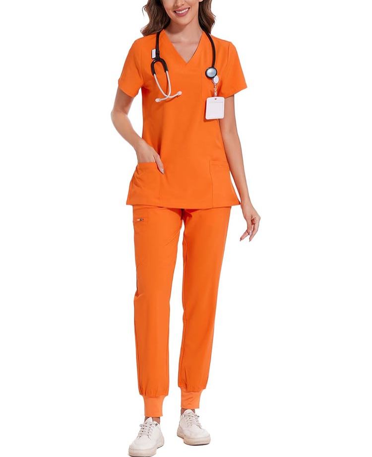Womens Stretch V-Neck Scrub Top & Jogger Pant Set with 8 Pockets