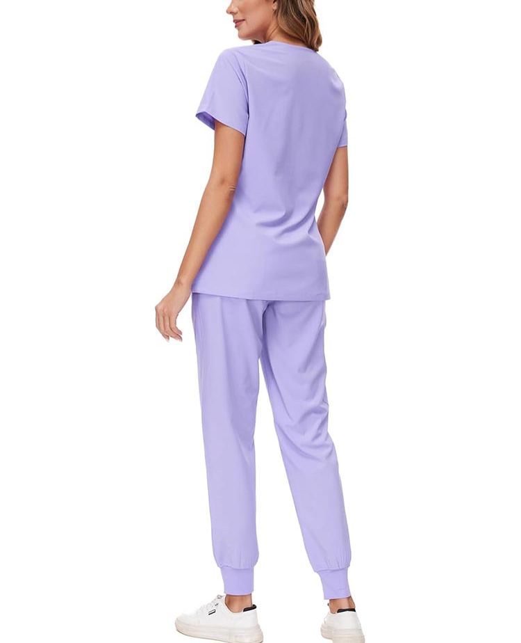 Womens Stretch V-Neck Scrub Top & Jogger Pant Set with 8 Pockets