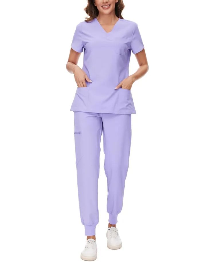 Womens Stretch V-Neck Scrub Top & Jogger Pant Set with 8 Pockets