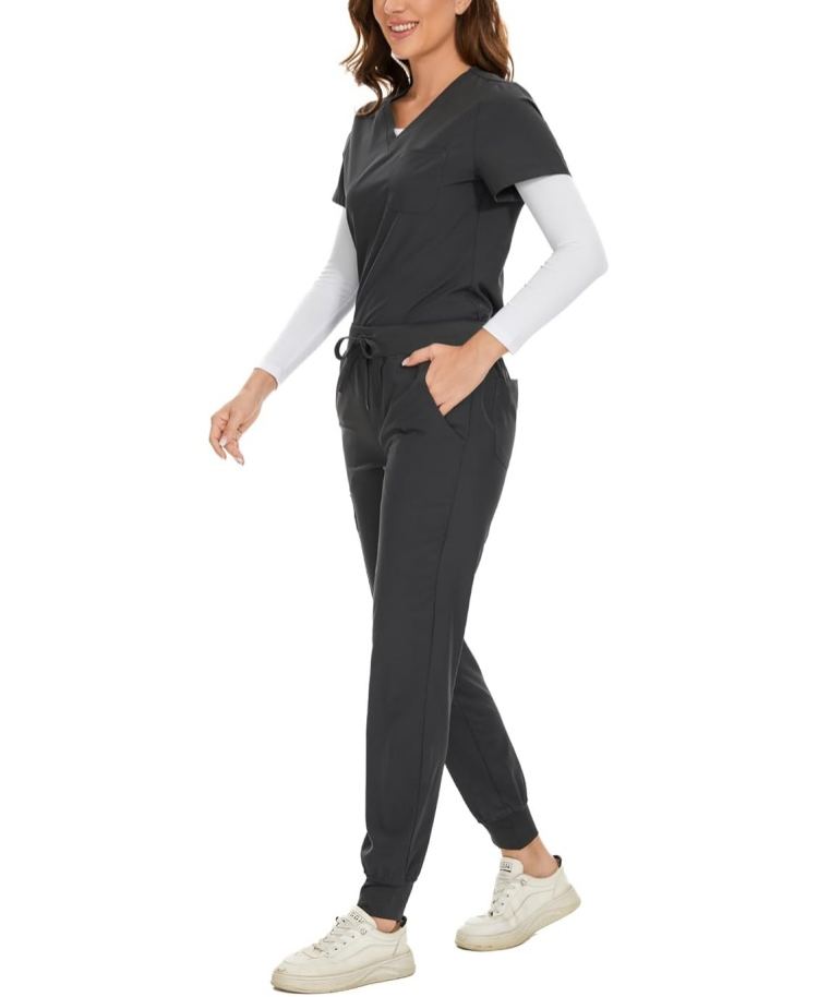 Womens Stretch V-Neck Scrub Top & Jogger Pant Set with 8 Pockets