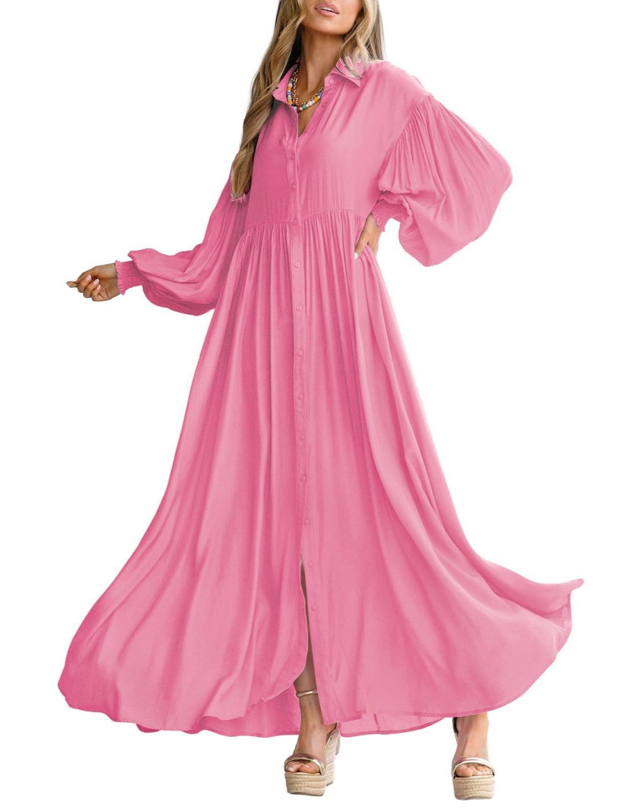 Womens Button Down Loose Lantern Long Sleeve Solid Shirt Dress With Pockets