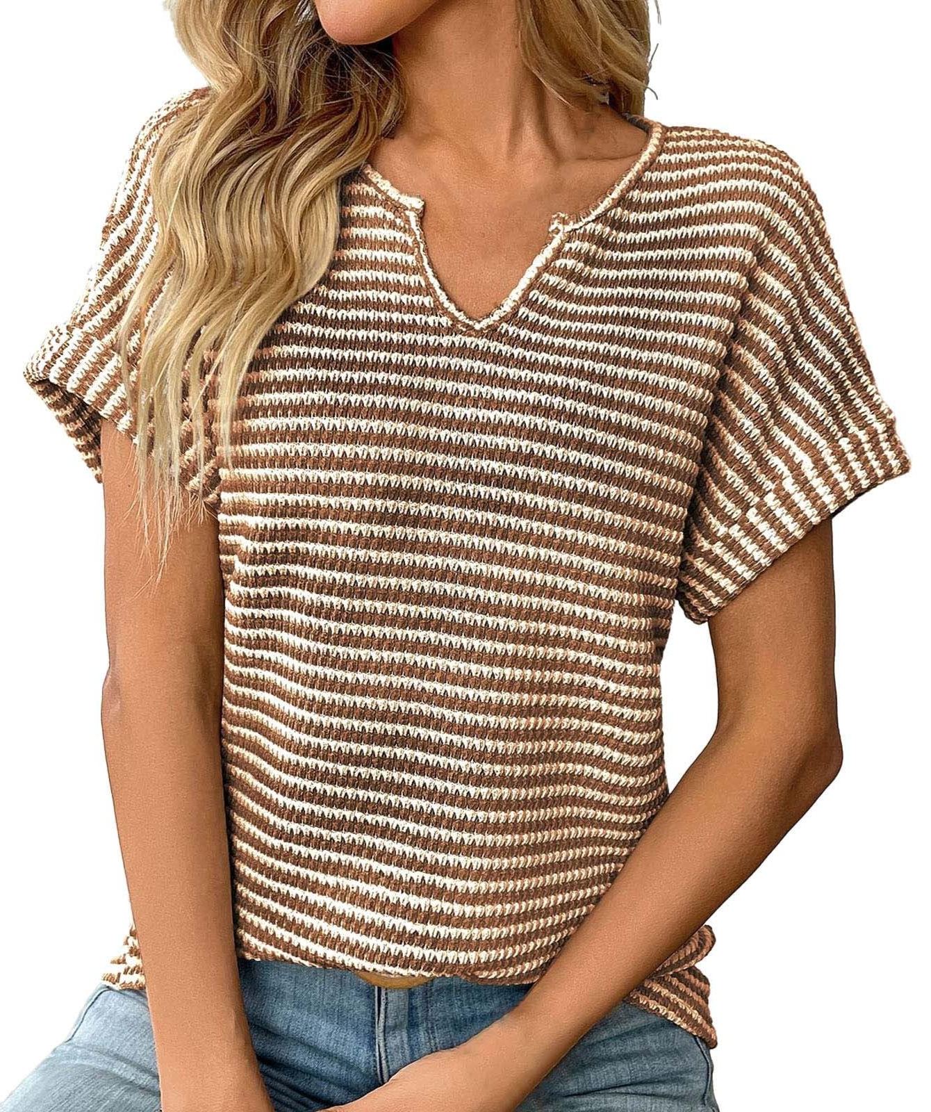 ✨Women's Summer Ribbed V Neck Rolled Hem Knit Top (Buy 2 Free Shipping)