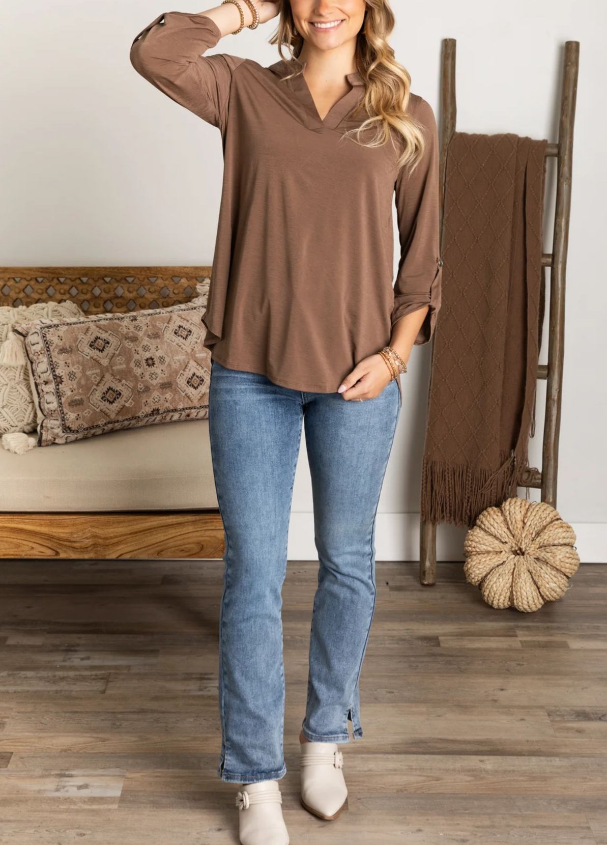 Womens Casual 3/4 Sleeve V Neck Wrinkle Free Top (buy 3 free shipping)