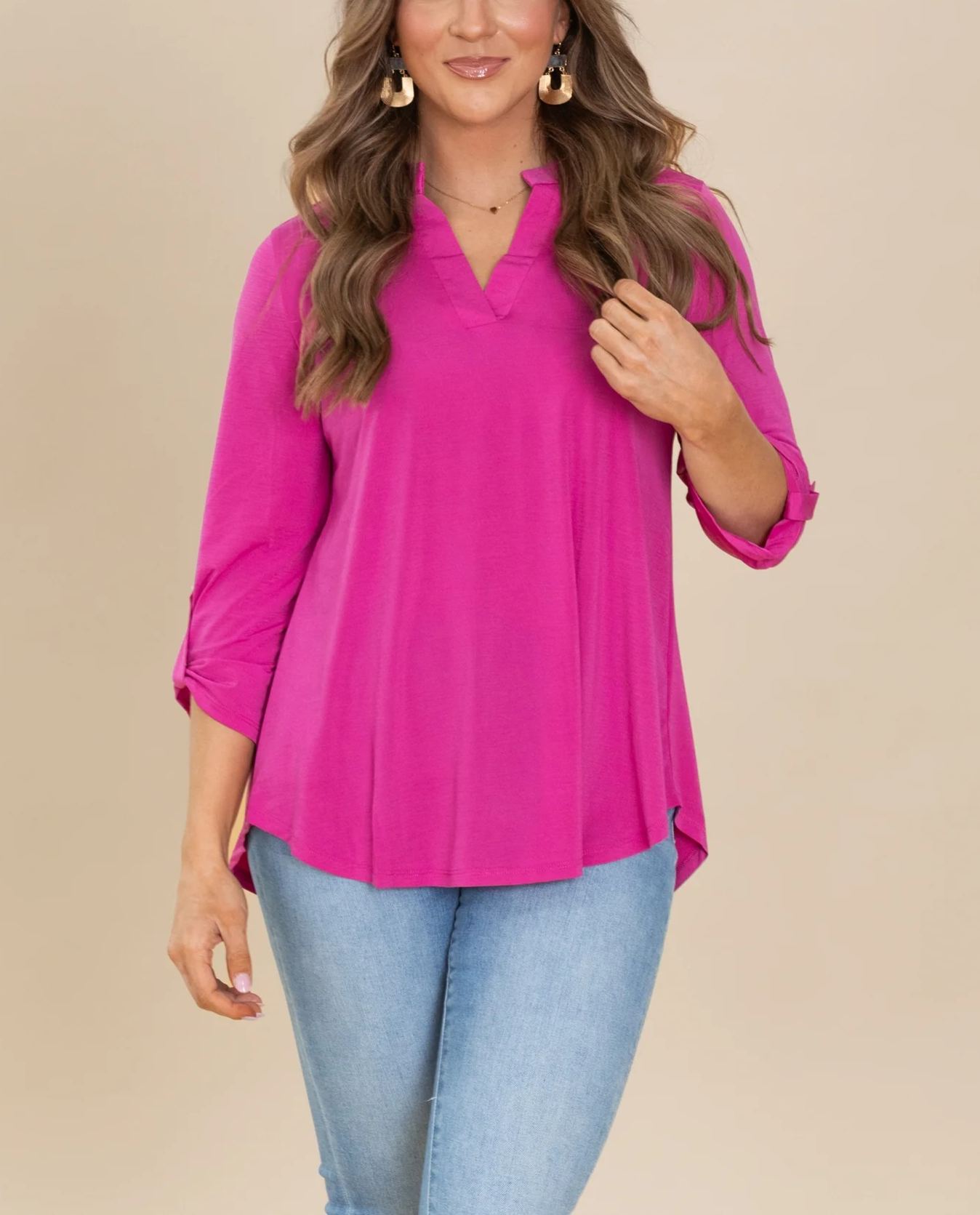 Womens Casual 3/4 Sleeve V Neck Wrinkle Free Top (buy 3 free shipping)