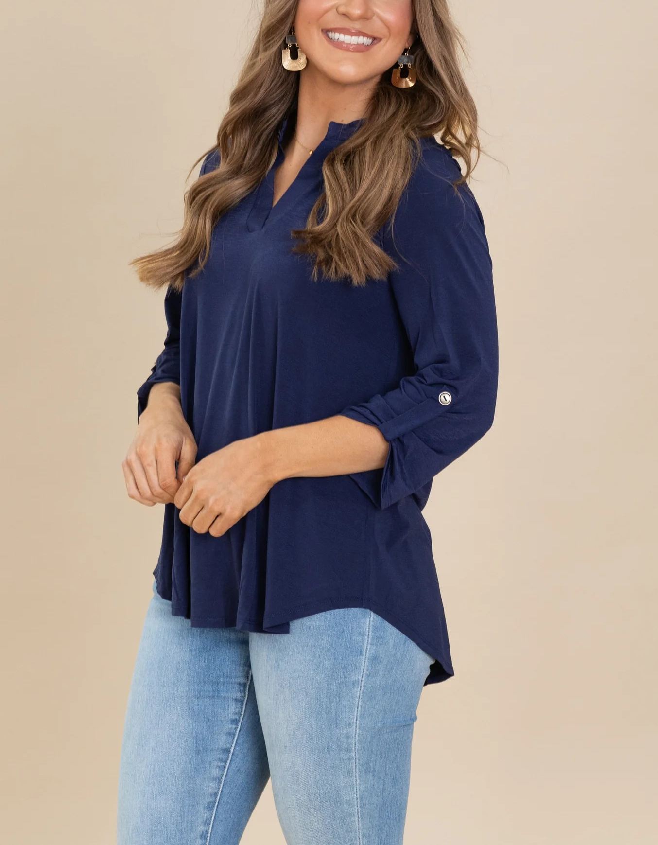 Womens Casual 3/4 Sleeve V Neck Wrinkle Free Top (buy 3 free shipping)