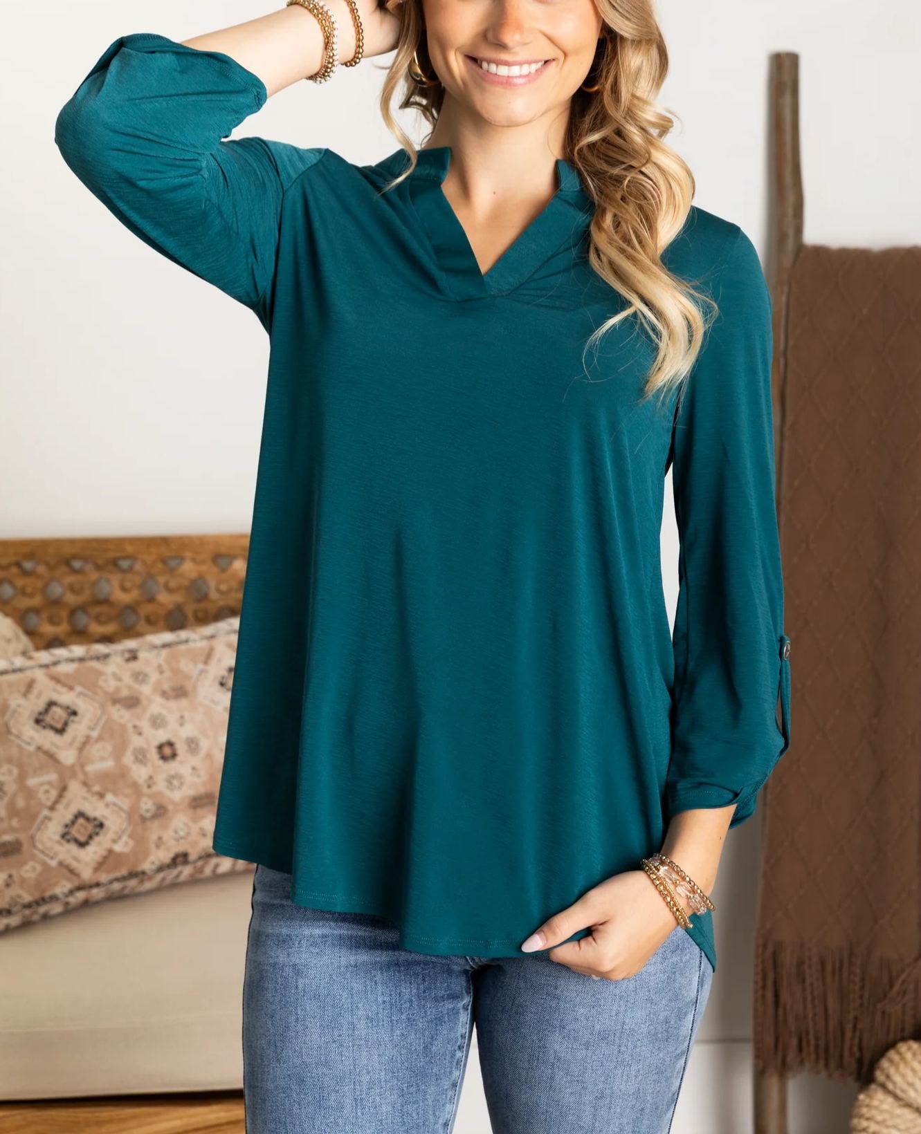 Womens Casual 3/4 Sleeve V Neck Wrinkle Free Top (buy 3 free shipping)