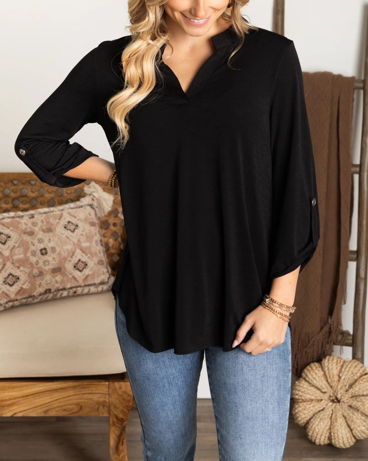 Womens Casual 3/4 Sleeve V Neck Wrinkle Free Top (buy 3 free shipping)