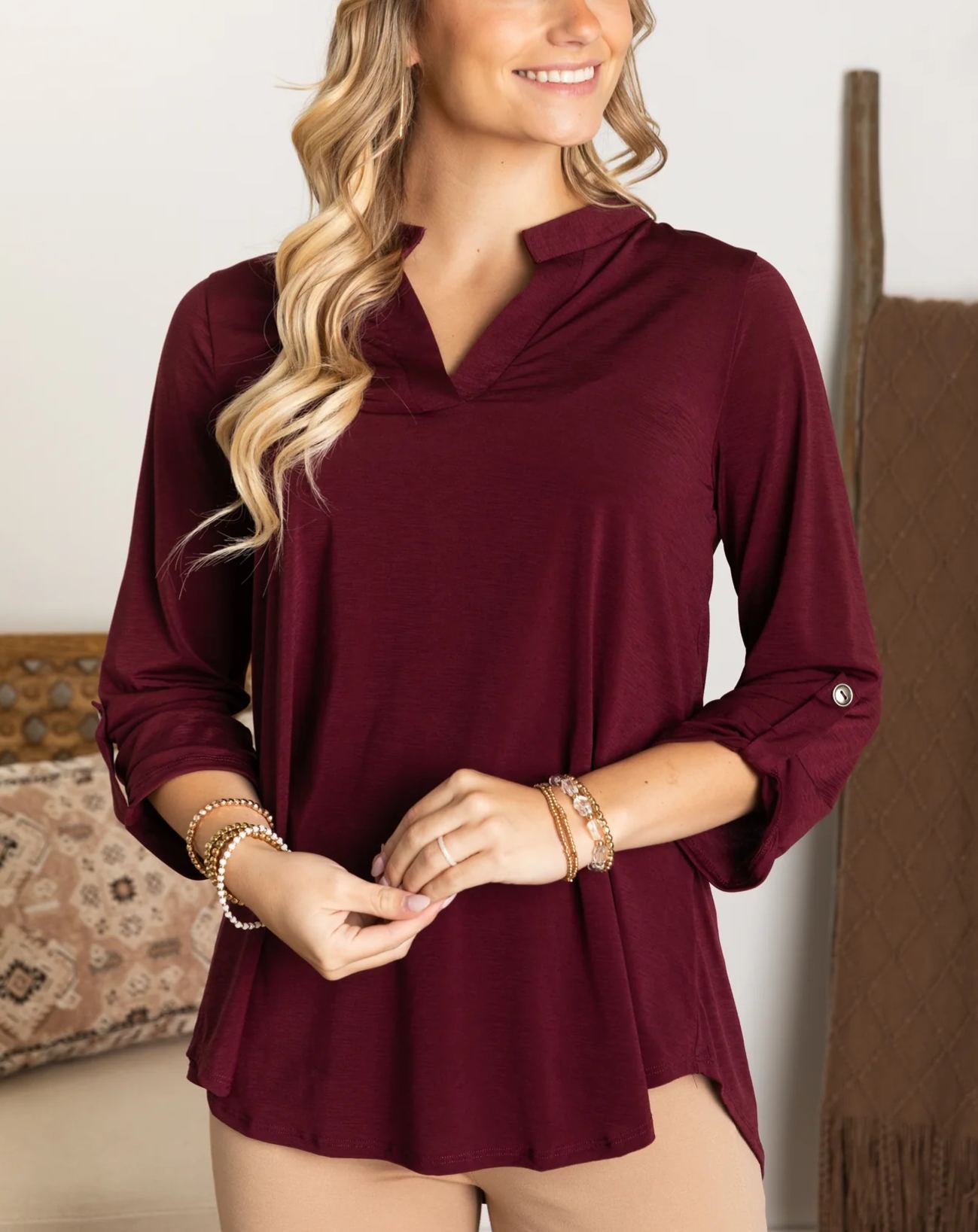Womens Casual 3/4 Sleeve V Neck Wrinkle Free Top (buy 3 free shipping)