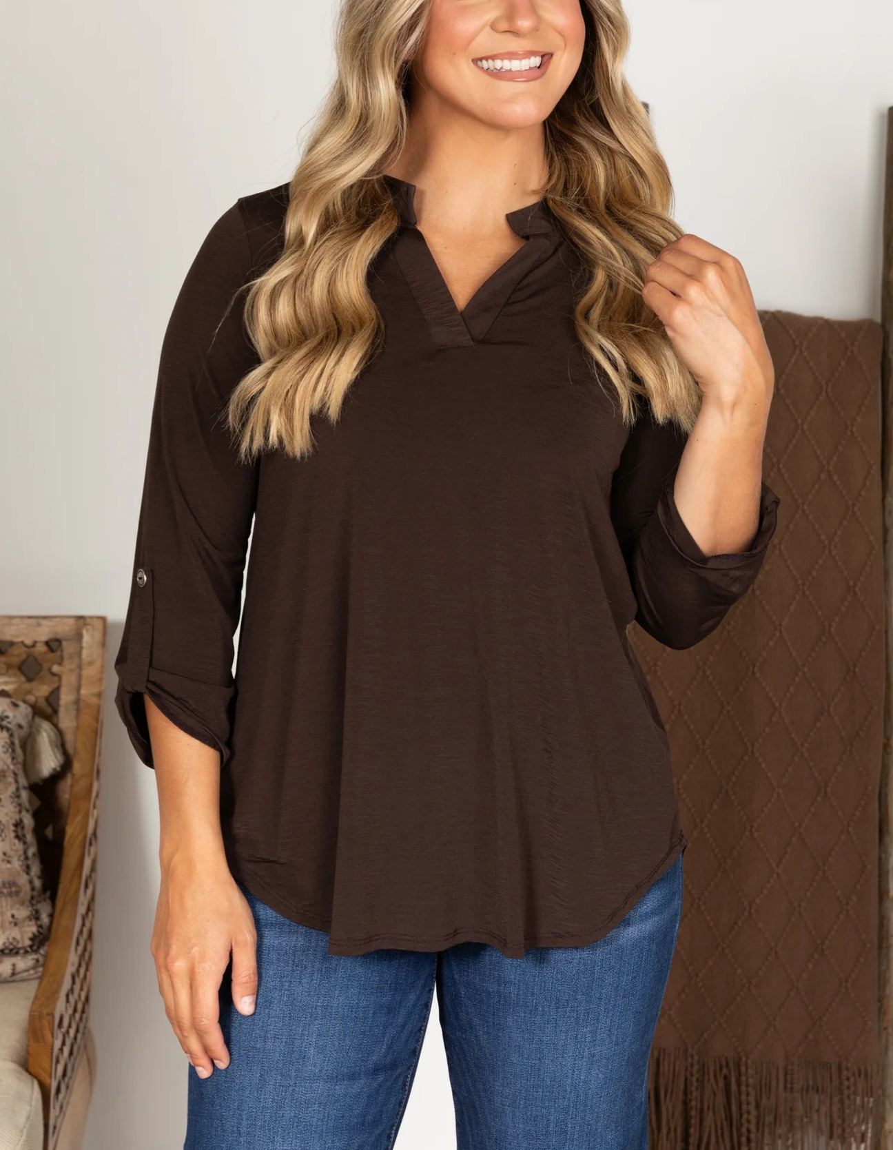 Womens Casual 3/4 Sleeve V Neck Wrinkle Free Top (buy 3 free shipping)