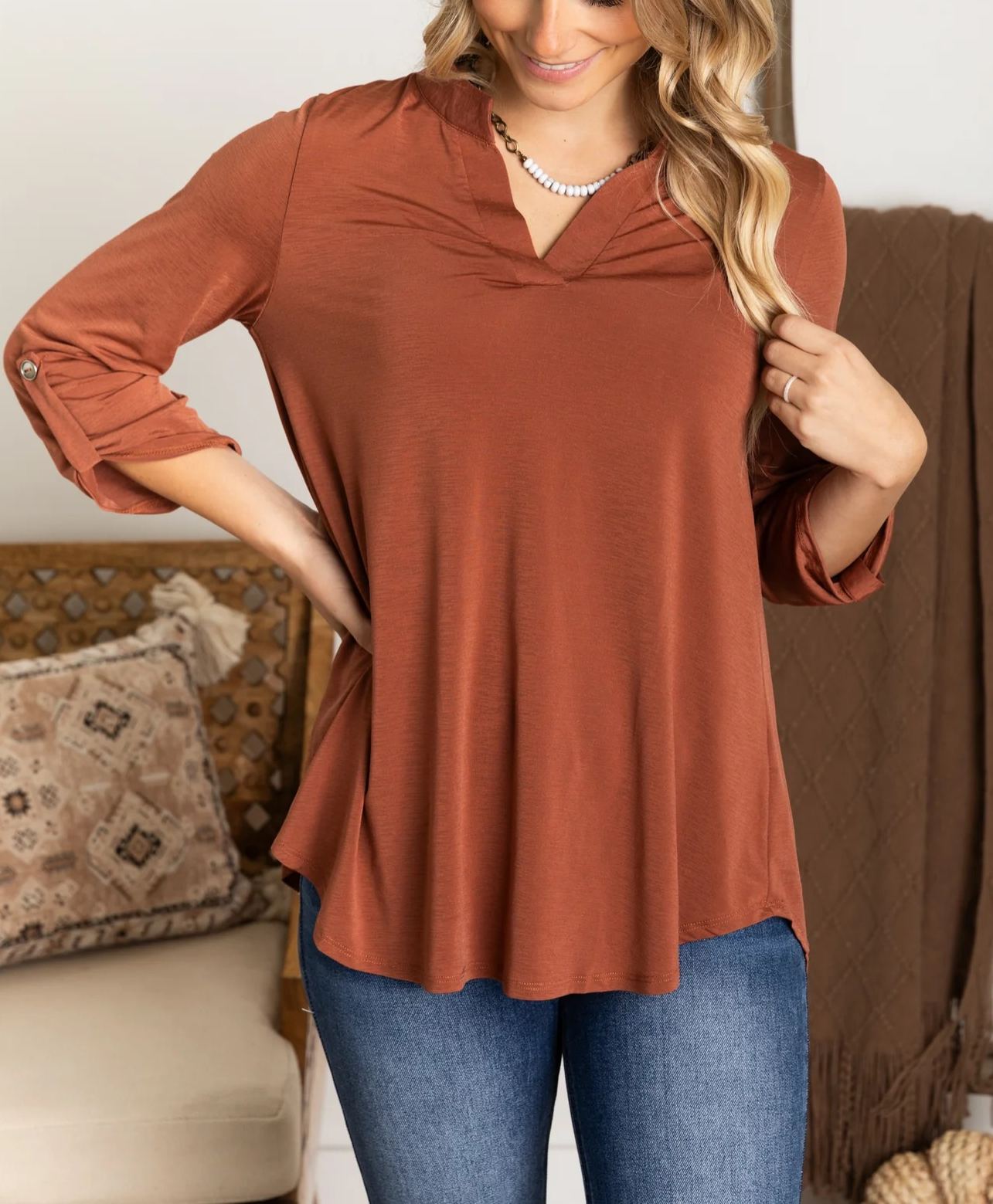 Womens Casual 3/4 Sleeve V Neck Wrinkle Free Top (buy 3 free shipping)