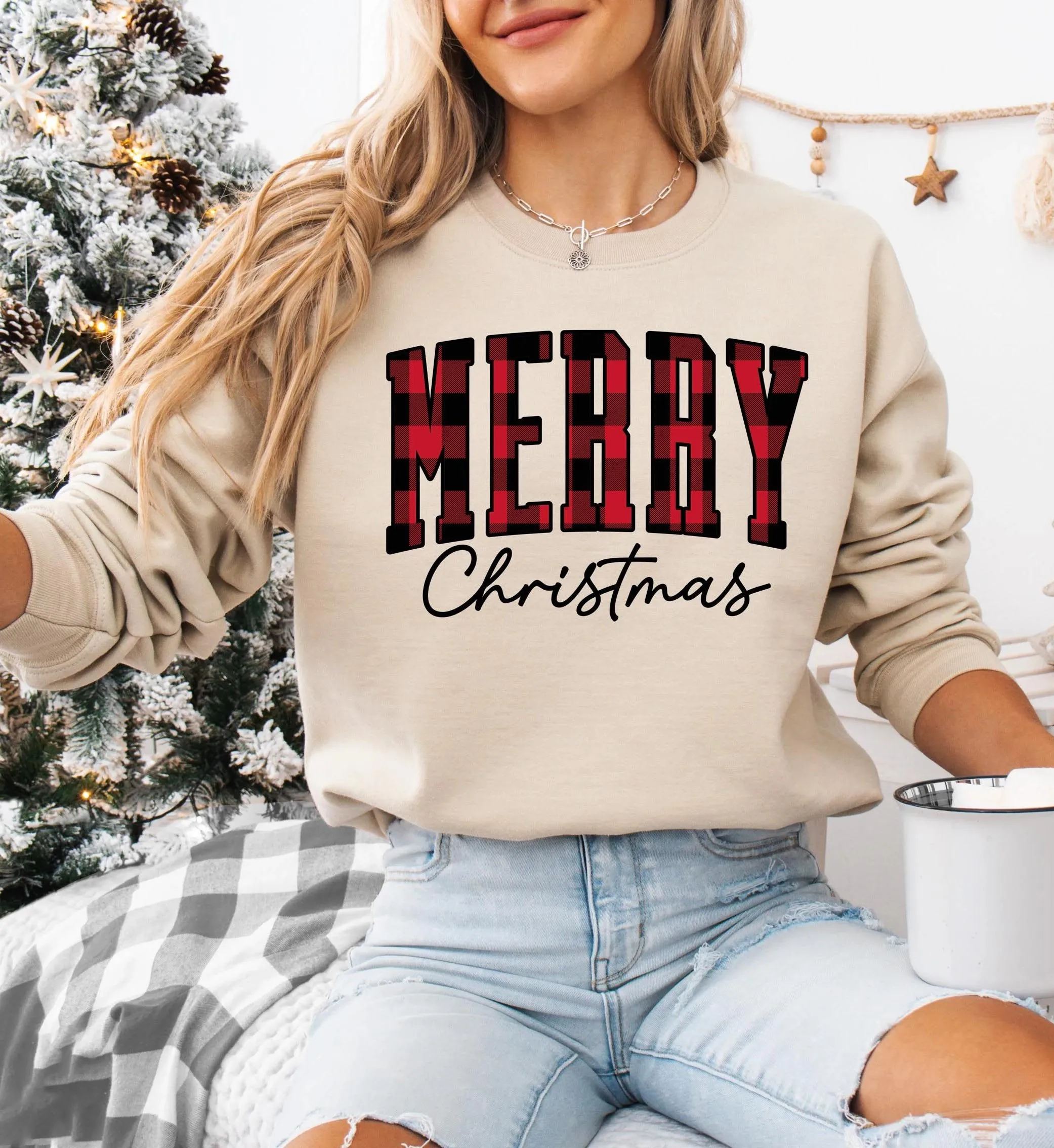 ✨“Merry Christmas” Plaid Graphic Sweatshirt