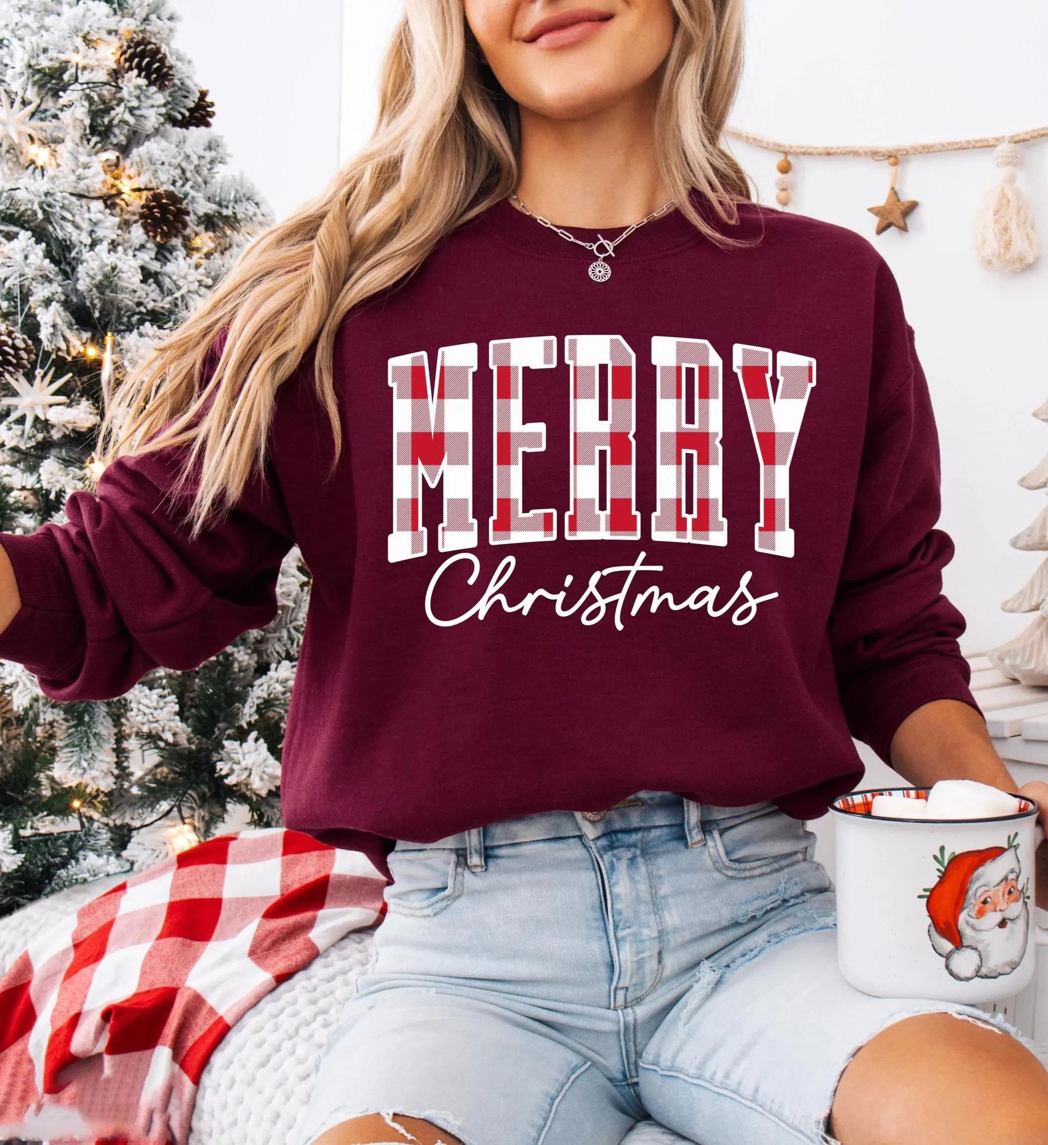 ✨“Merry Christmas” Plaid Graphic Sweatshirt