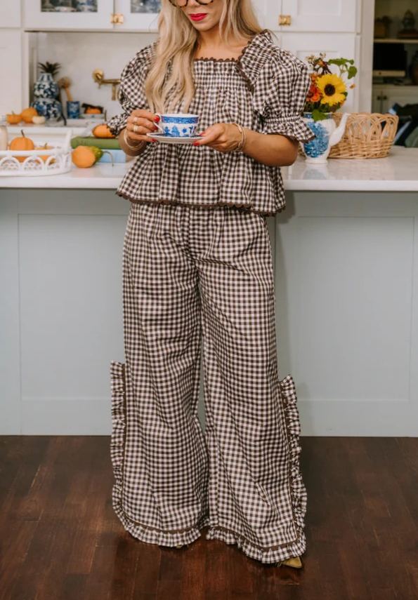Women's Christmas Plaid Ruffle Puff Sleeve Pajamas Set 