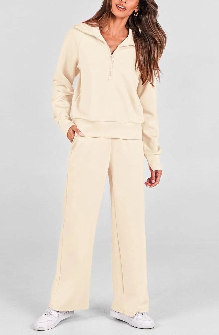 Women's Lapel Half Zip Sweatshirts And Wide Leg Pants Tracksuit Sets (Buy 2 Free Shipping)