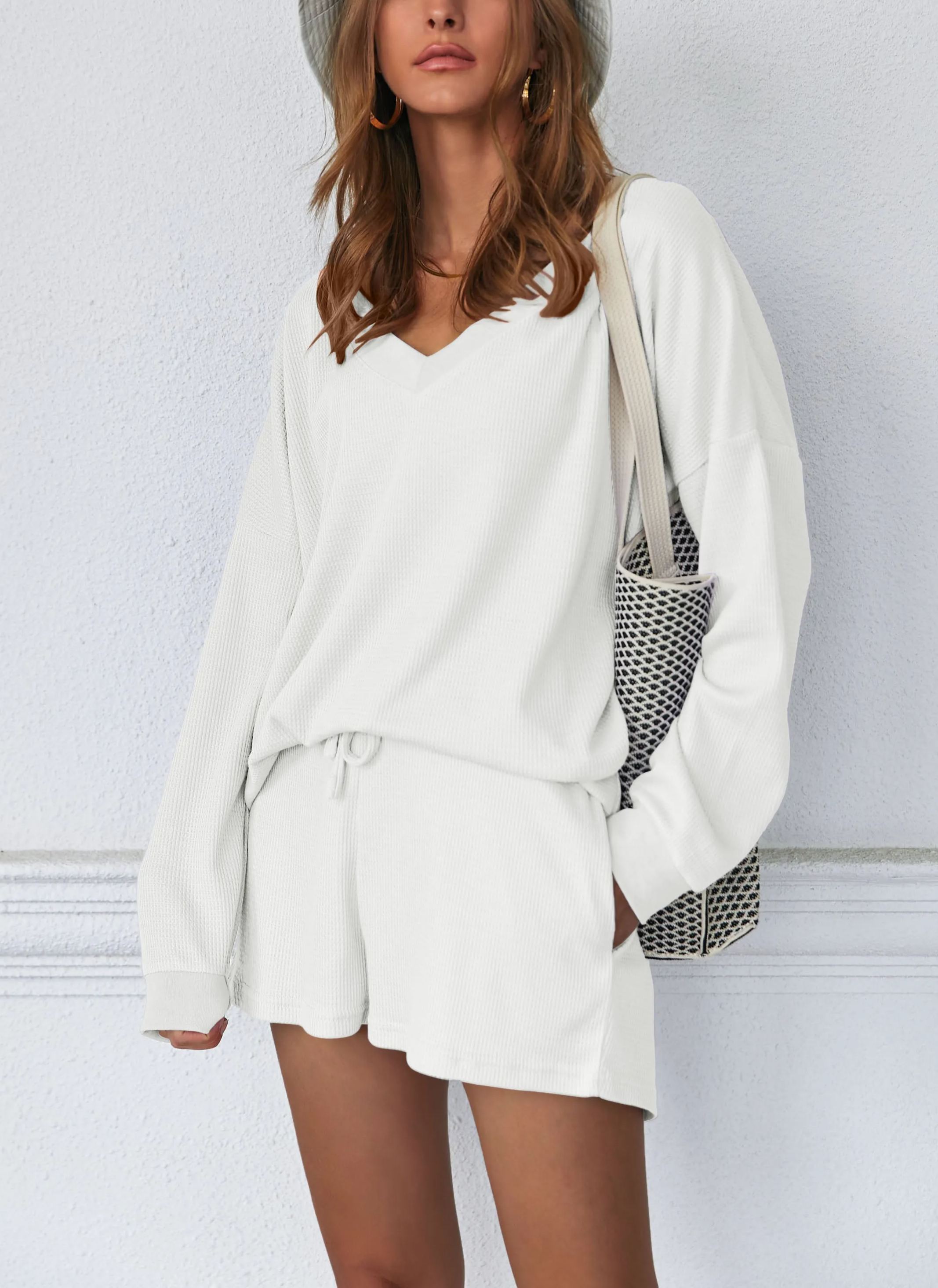 Womens Pajama Set Waffle Knit Lounge Set V Neck Off Shoulder Sleepwear