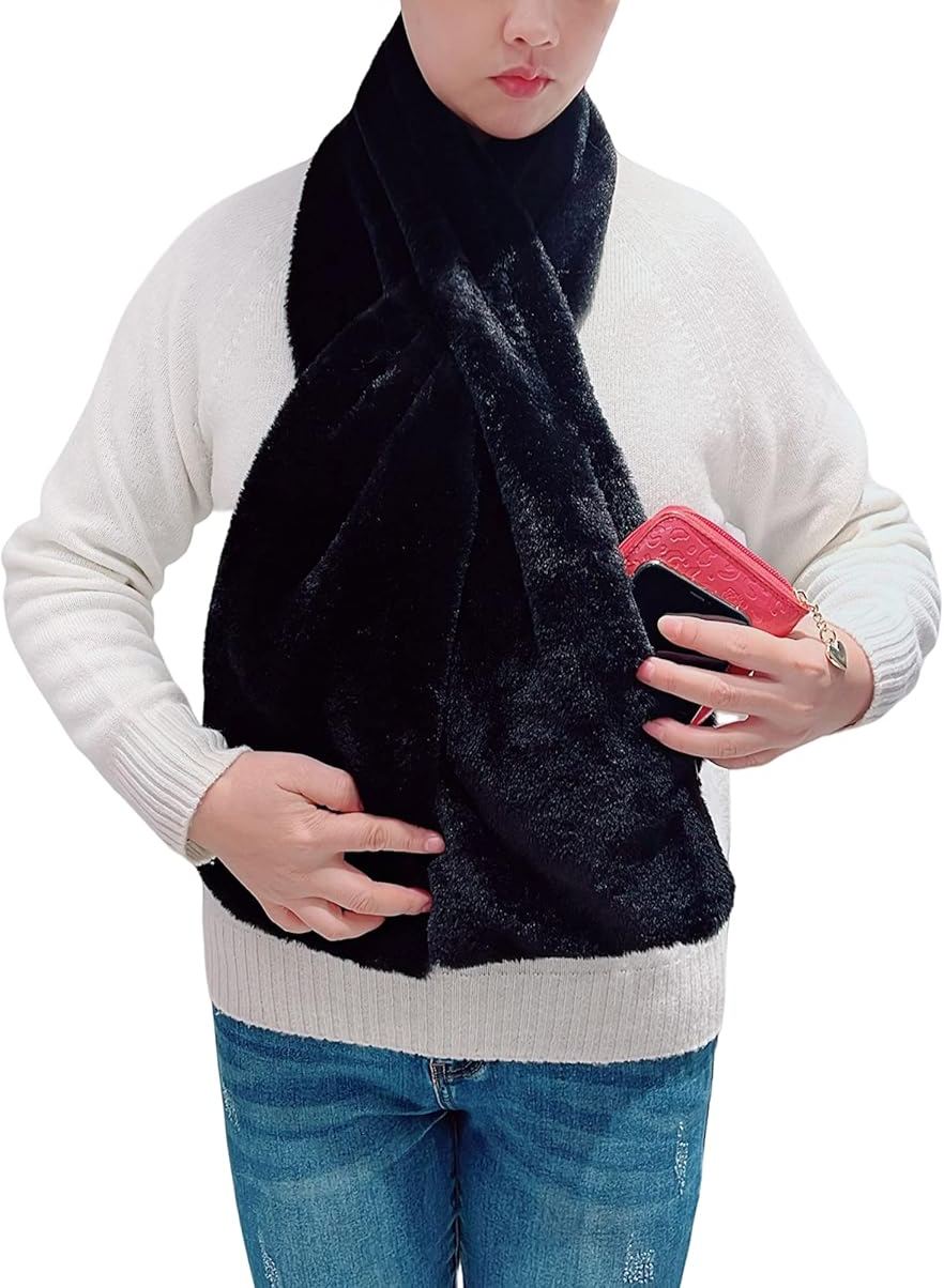 Women's Winter Pull-Through Faux Fur Scarf with Hidden Zipper Pocket