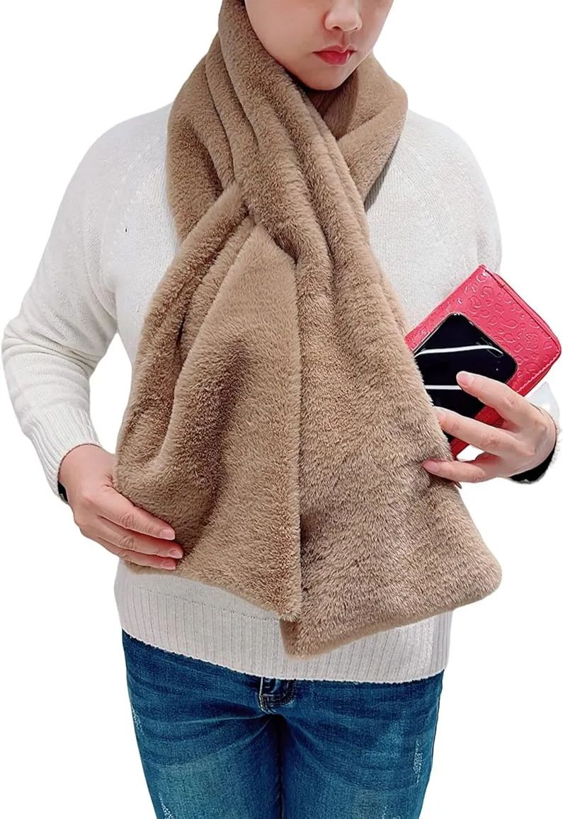 Women's Winter Pull-Through Faux Fur Scarf with Hidden Zipper Pocket