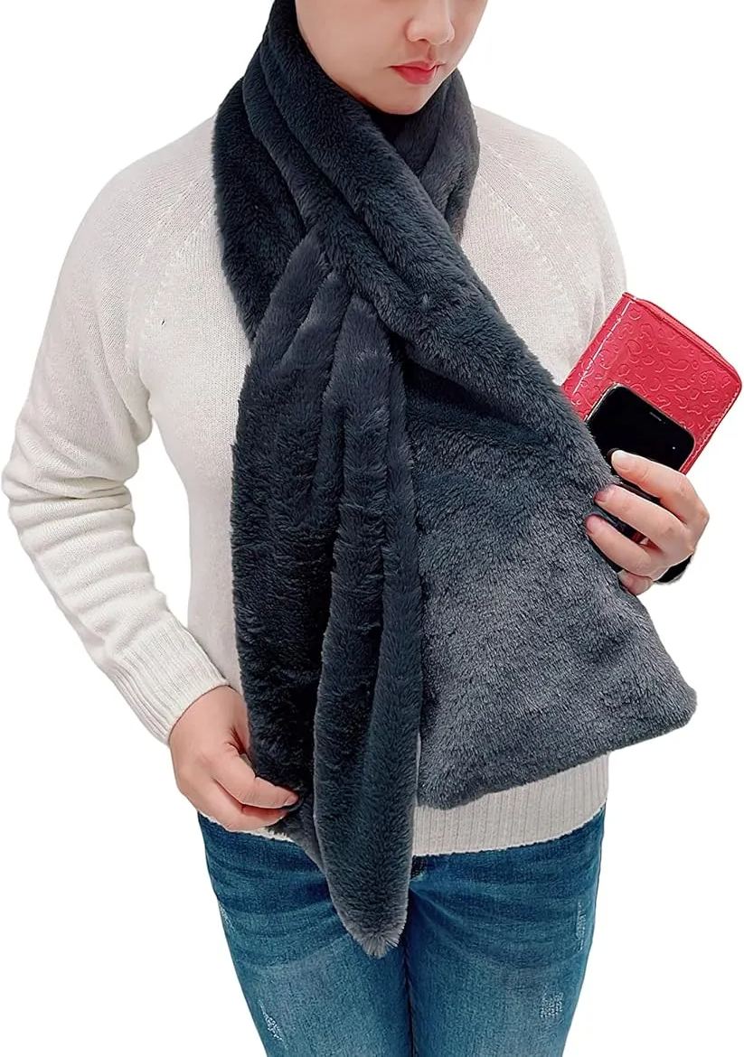 Women's Winter Pull-Through Faux Fur Scarf with Hidden Zipper Pocket