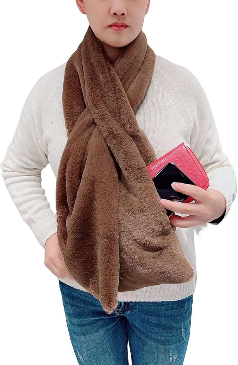 Women's Winter Pull-Through Faux Fur Scarf with Hidden Zipper Pocket